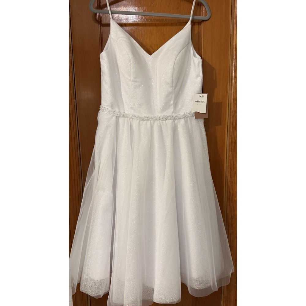 MISSACC White Spaghetti Strap Beaded Waist Wedding Dress Glitter Tulle NWT
